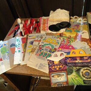 LOT OF 20 MCDONALDS HAPPY MEAL BOXES & BAGS STAR TREK BARBIE & VINTAGE UTENSILS